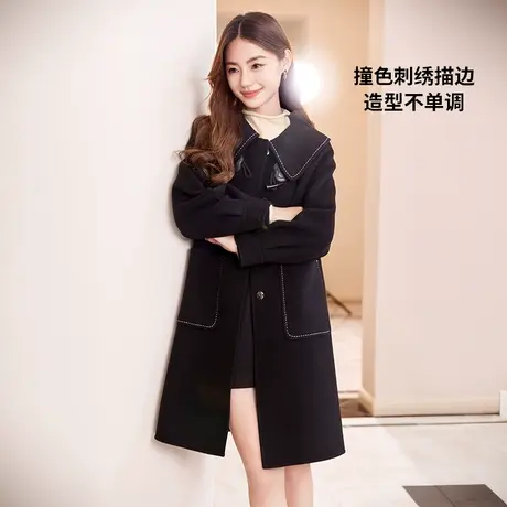 【惊喜直降】香影黑色牛角扣双面呢大衣女2023秋冬新款100%纯羊毛商品大图