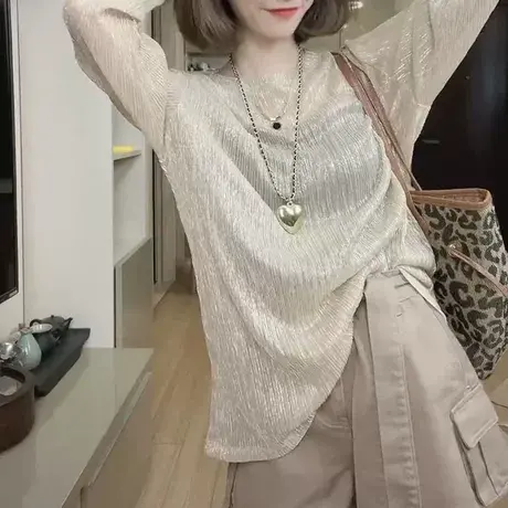 别致压褶防晒衣长袖T恤女宽松显瘦时尚时髦薄款上衣2023夏装新款商品大图