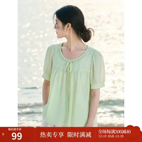 茵曼法式优雅衬衫2023夏女装新款褶皱U领系带宽松显瘦小衫上衣商品大图