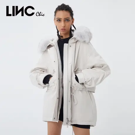 LINC金羽杰羽绒服女2023年冬新款反季短款连帽毛领面包服专柜断码商品大图