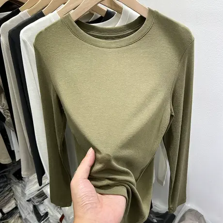 欧货纯色百搭圆领薄款长袖T恤女2023早秋新款显瘦内搭打底衫上衣图片