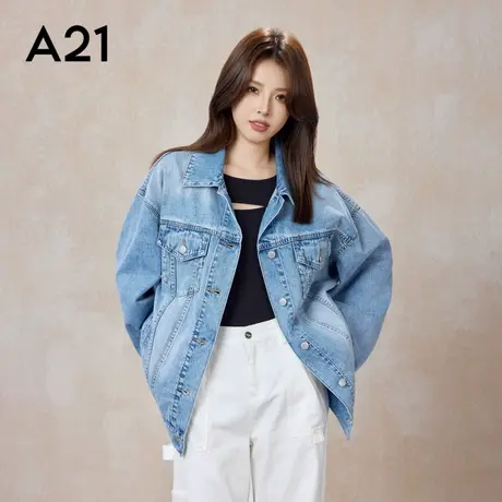 A21女装宽松翻领落肩开胸牛仔外套复古休闲百搭上装图片
