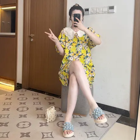 大码夏装娃娃领碎花A字裙胖妹妹通勤时尚泡泡袖连衣裙遮肚子仙女图片