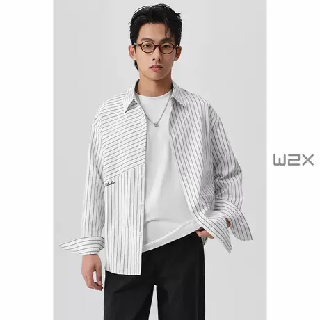 w2x2025春季条纹理拼接绣花长袖衬衫男设计感休闲百搭高级感衬衣商品大图