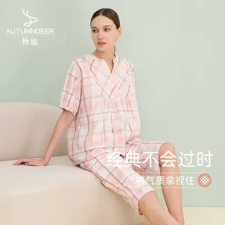 秋鹿【断码清仓】新款睡衣女春夏季纯棉格子短袖七分裤薄家居服商品大图