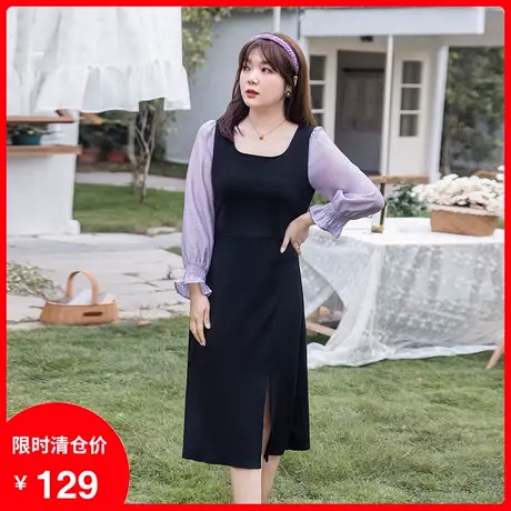 2023年秋装新款方领喇叭袖拼接假两件开衩连衣裙长款显瘦大码胖MM商品大图