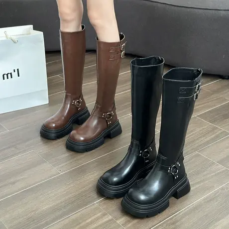 长筒靴女2023春秋季新款法式英伦风显瘦西部牛仔靴粗跟高跟骑士靴商品大图