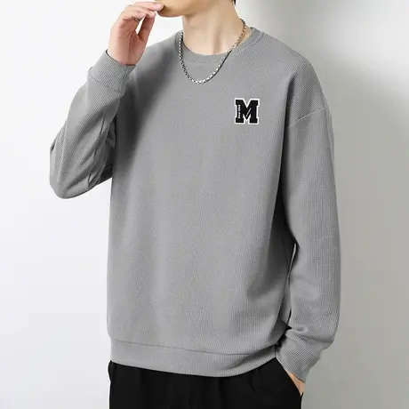 2023新款华夫格卫衣男生潮牌无帽上衣服圆领长袖t恤宽松潮流百搭商品大图