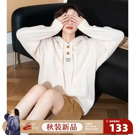 8.7/0点 上新唐狮2025秋冬新款女毛衣连帽白色宽松休闲慵懒风潮流商品大图