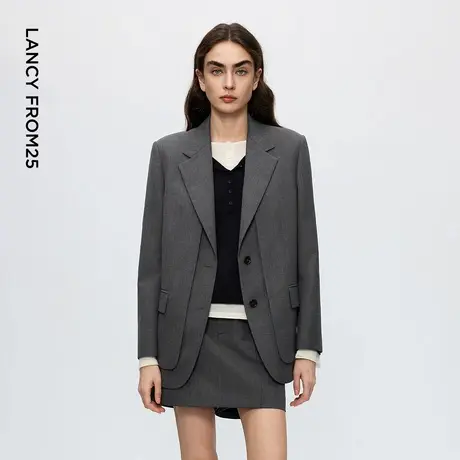朗姿深灰色羊毛平驳领西装外套女高级感通勤西服2025年冬季新款图片