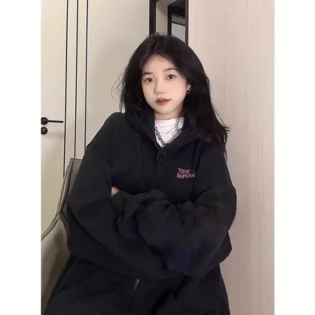 美式复古oversize卫衣女秋冬上衣韩系慵懒风连帽加绒加厚开衫外套商品大图