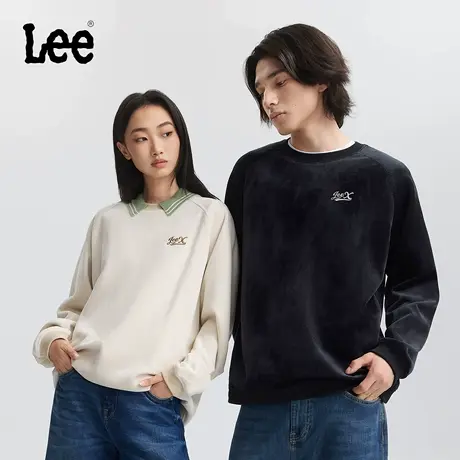Lee25秋冬新品宽松版圆领刺绣Logo复合灯芯绒连肩袖男女同款卫衣商品大图