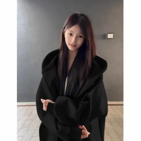连帽黑色卫衣外套女秋季拉链2025新款宽松韩系开衫加厚慵懒风上衣商品大图