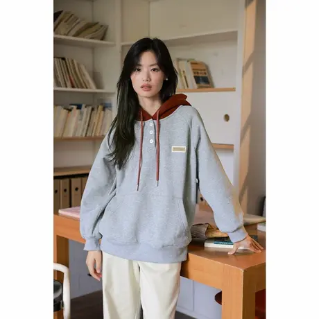 弥古撞色连帽插肩加绒卫衣女春秋薄绒长袖休闲宽松休闲松弛感上衣商品大图