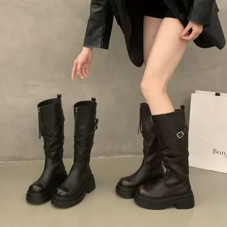 厚底不过膝长靴女2025年秋季新款小个子增高骑士靴百搭英伦风靴子商品大图