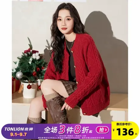 唐狮2025春季新款圆领麻花毛衣女春装穿搭日系复古针织开衫外套商品大图