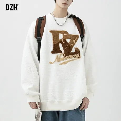 男士白色oversize卫衣男春秋季圆领宽松提花上衣男装秋季外套情侣商品大图