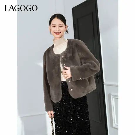 LAGOGO仿貂绒柔软舒适外套女拉谷谷2024年冬季新款圆领气质大衣商品大图