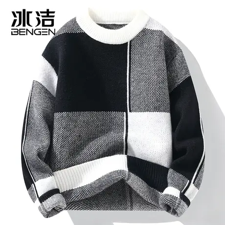 冰洁圆领毛衣男女2023秋冬季加厚保暖防寒时尚撞色长袖上衣外穿ZC商品大图