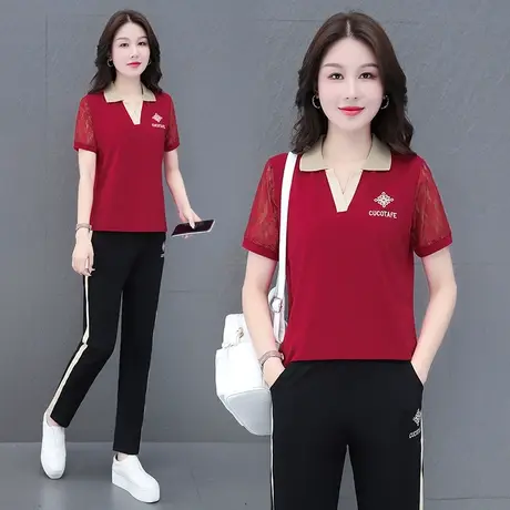恋上17号V领纯棉运动服套装女夏2023新款夏装休闲运动两件套妈妈图片