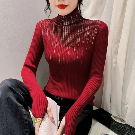 时尚烫钻钉珠T恤毛衣女长袖性感高领气质打底衫洋气套头加厚上衣商品大图