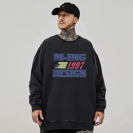 重磅美式复古嘻哈大码卫衣男纯棉水洗做旧高街圆领加绒春秋款冬季商品大图