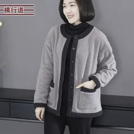 2023新款冬装简约休闲圆领撞色宽松加绒加厚外套大码保暖上衣女装商品大图