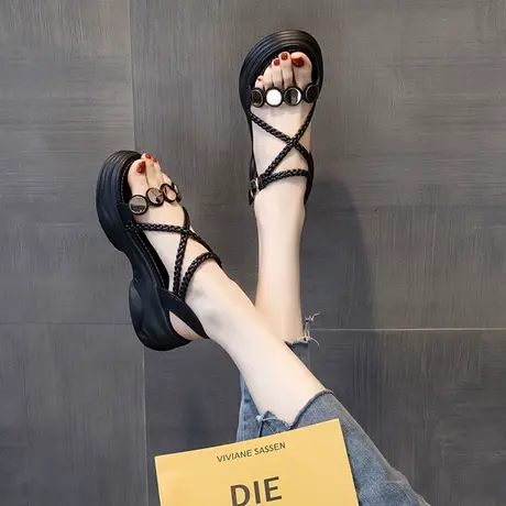 松糕厚底凉鞋女2023年新款夏季一字扣休闲鞋罗马坡跟增高防滑女鞋商品大图