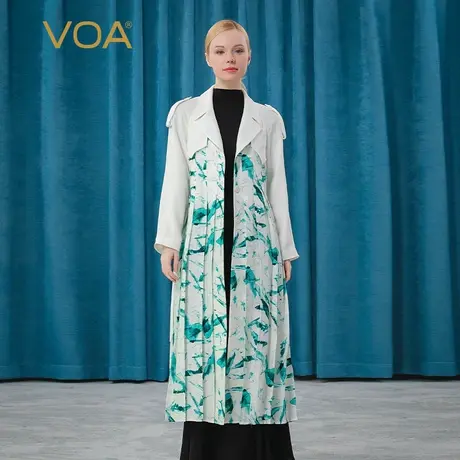 VOA真丝印花提花西装领肩章插肩袖单排扣绑带收腰百褶桑蚕丝外套图片