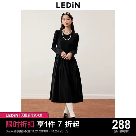 乐町赫本风法式连衣裙2023年秋冬新款甜美气质经典圆领A字长裙女图片
