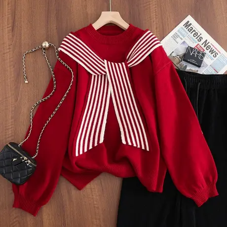 2023秋冬新款圆领肩带针织衫毛衣女士百搭韩版宽松套头长袖打底衫商品大图