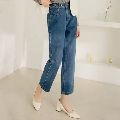 桔熊春秋季休闲牛仔长裤子女高腰设计调节扣遮肉直筒裤大码BA6944商品大图