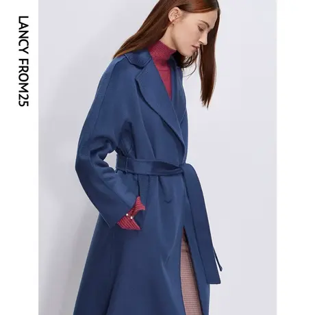 朗姿2023秋冬新款女装简约洋气中长款水波纹羊毛双面毛呢外套大衣图片