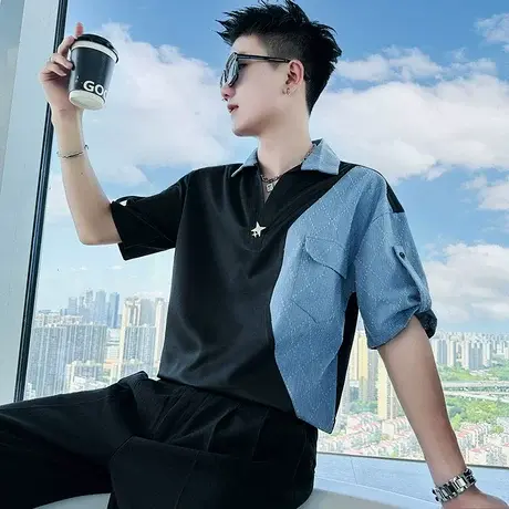 夏季男士衬衫短袖宽松潮流半袖休闲中袖五分袖撞色拼接痞帅衬衣商品大图