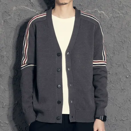 奕飏拼色织带针织开衫男外套春秋款 男士外穿上衣韩版潮流tb毛衣商品大图