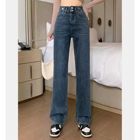 时尚气质直筒牛仔长裤2023年秋季新款女士简约高腰显瘦通勤百搭裤图片