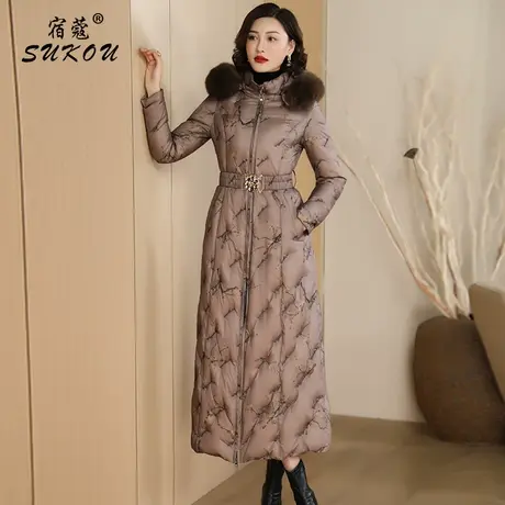 高端巧克力色大毛领妈妈羽绒服女2024冬季长款过膝加厚白鸭绒外套商品大图