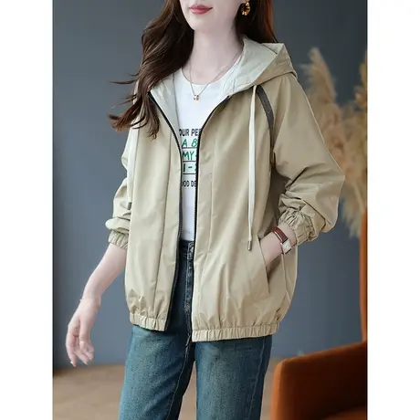 宝诗黎连帽抽绳春秋外套女士2024年新款宽松休闲拉链开衫纯色上衣商品大图