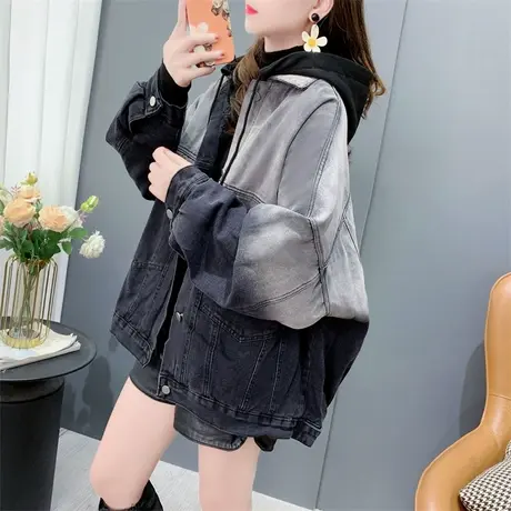 加绒加厚渐变连帽牛仔外套女冬季2023新款宽松慵懒风复古百搭上衣商品大图