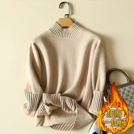 秋冬加绒毛衣女加厚一体绒内搭宽松半高领套头打底针织衫保暖上衣商品大图