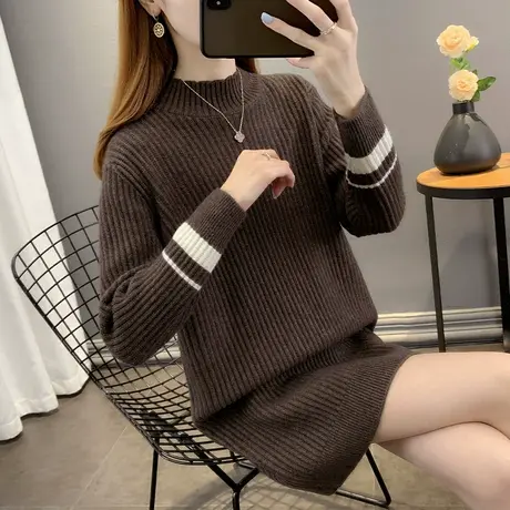 2022秋冬新款中长款毛衣裙女士宽松外穿半高领毛衣女套头打底衫女图片