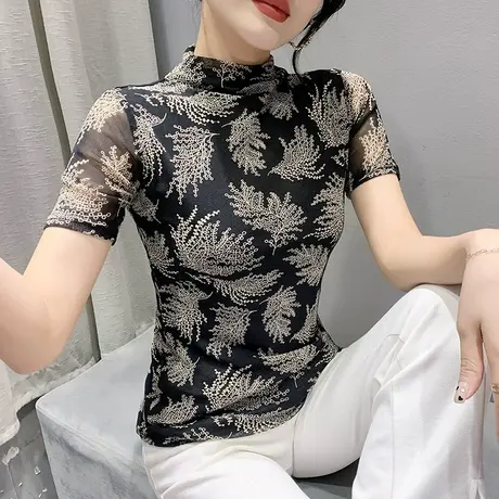 2024新款半高领网纱短袖打底衫女复古气质修身T恤设计感印花上衣商品大图
