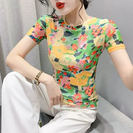 欧货涂鸦印花T恤女短袖2024夏装新款洋气网纱小衫时尚修身上衣潮商品大图