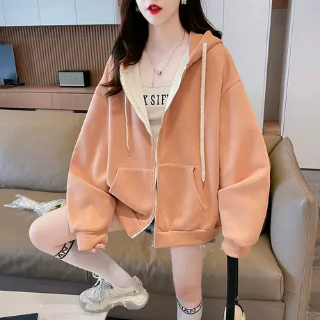早秋装连帽卫衣女春秋季韩版宽松大码慵懒风初秋薄款纯色开衫外套图片
