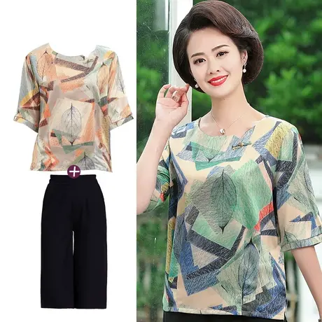 夏季中老年女装印花中国风大码t恤上衣洋气老人衣服妈妈两件套装图片