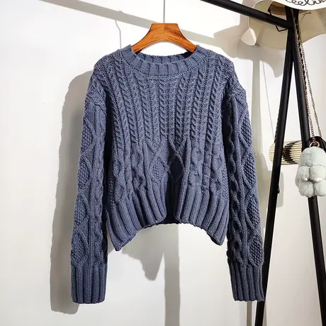 麻花毛衣女套头秋冬新款韩版宽松圆领学生打底针织衫上衣外套加厚图片