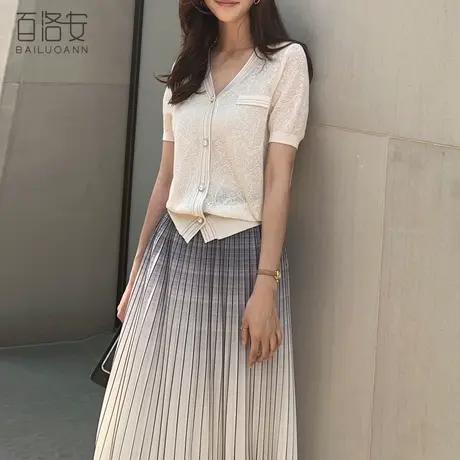 百洛安外搭薄针织开衫女夏季新款时尚勾花镂空空调衫短袖V领上衣图片