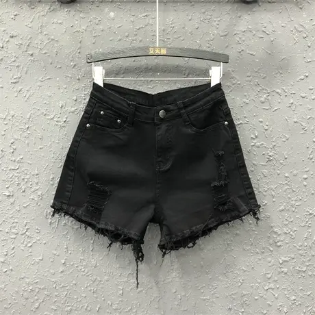 欧货黑色破洞牛仔短裤女2025春夏新款休闲百搭弹力显瘦阔腿裤热裤商品大图