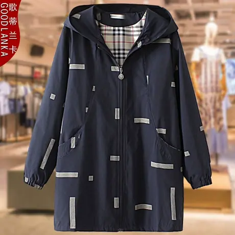 加大码中年妈妈风衣女200斤宽松显瘦中长款时尚连帽休闲风衣外套商品大图