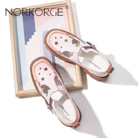 原创新款手工复古甜美单鞋粉镂空小皮鞋女真皮粗跟增高配裙子凉鞋商品大图